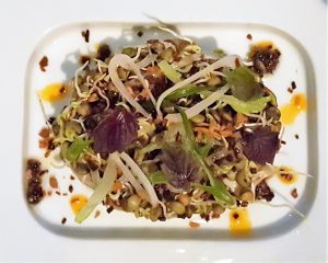 Tea leaf salad, black cod, sprouted legumes